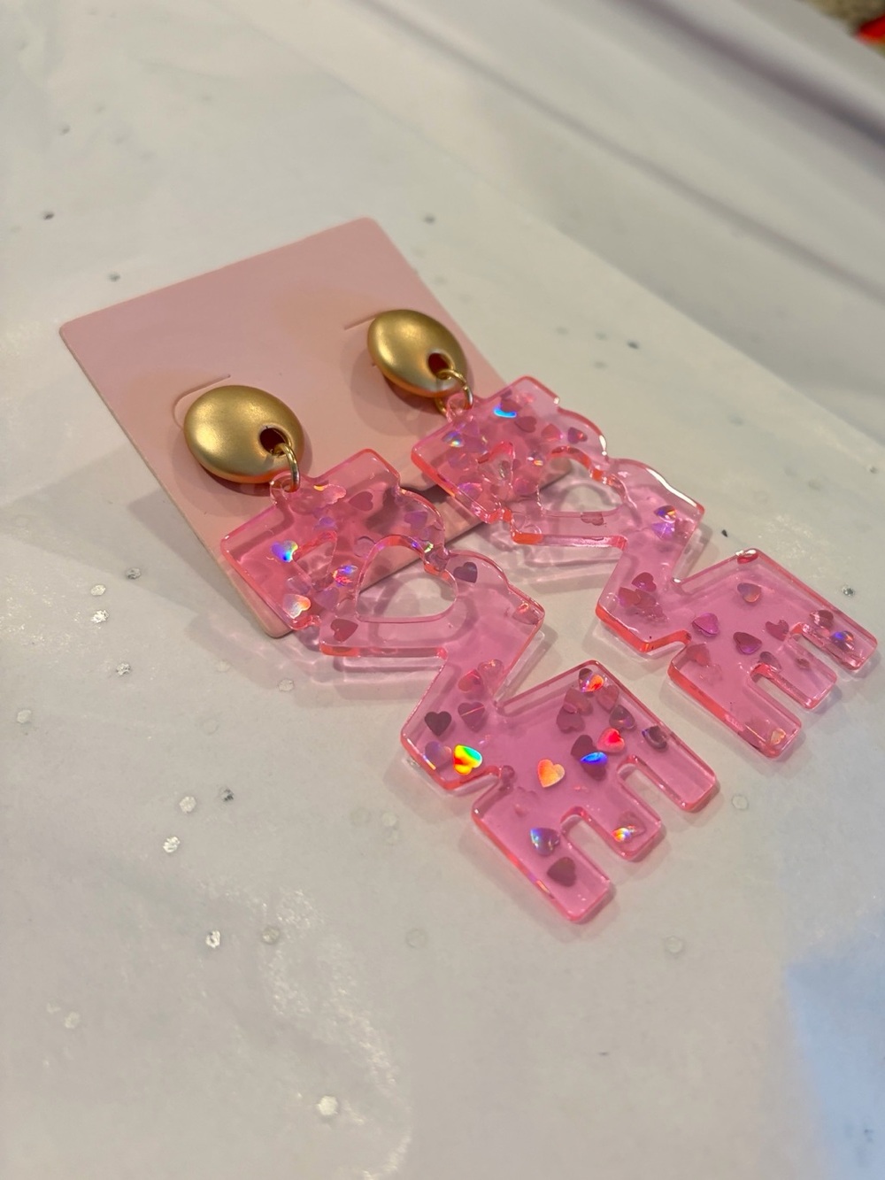 NWT Pink 'LOVE' Resin Drop Earrings with Gold Studs - - Picture 3 of 4